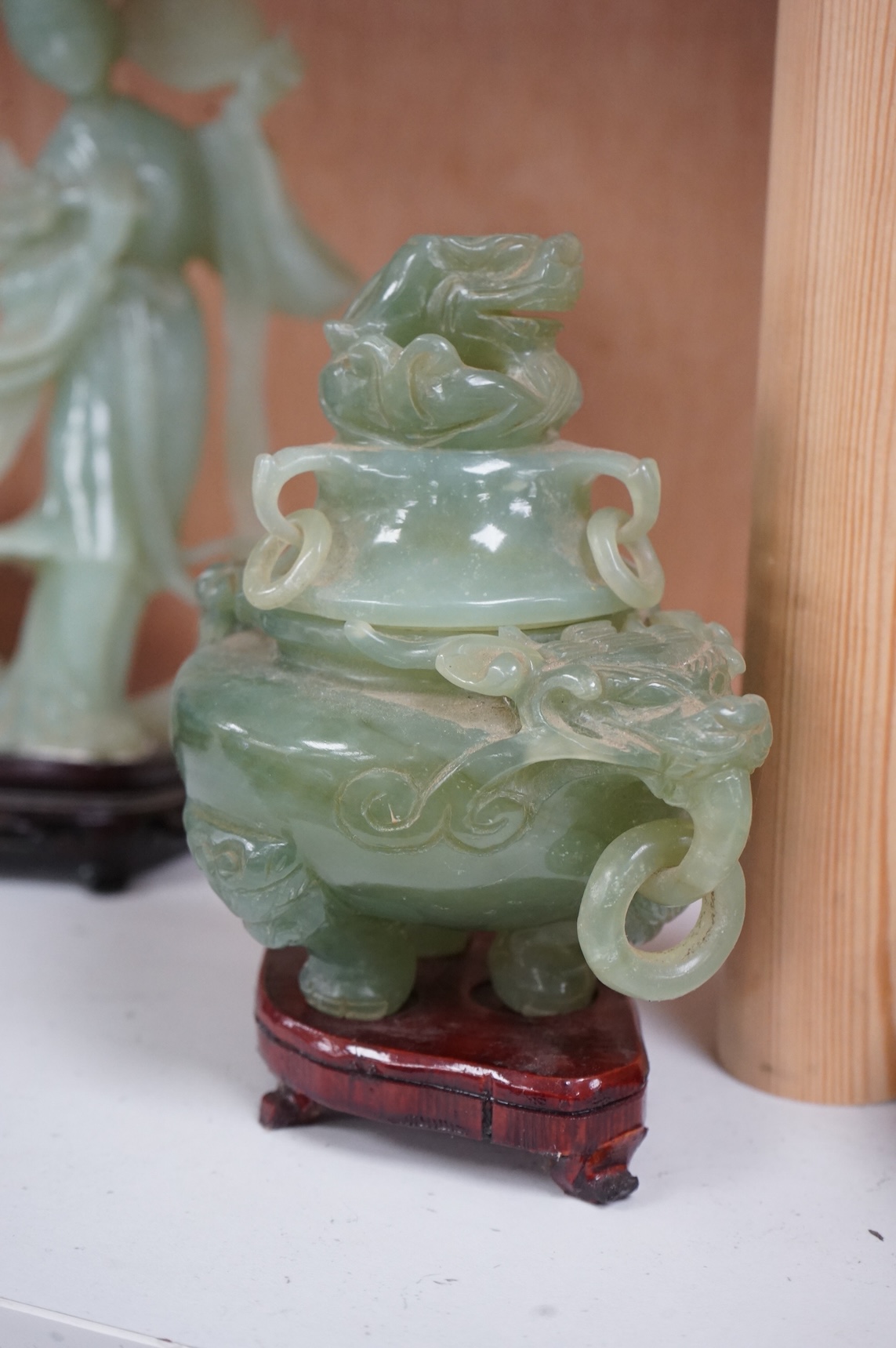 A Chinese jadeite figure and a similar censer and cover, overall 23cm high